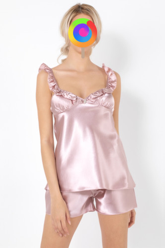 لباس خواب دو تکه ساتنی با بند چین دار (ترک)