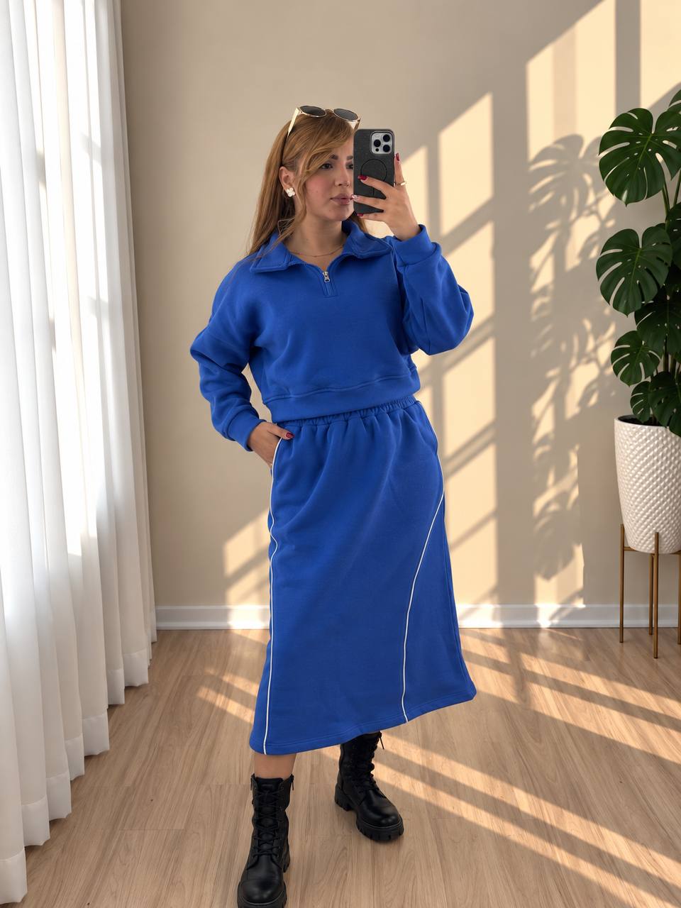 ست زنانه دورس نیم‌زیپ و دامن ( فری سایز تا ۴۸)